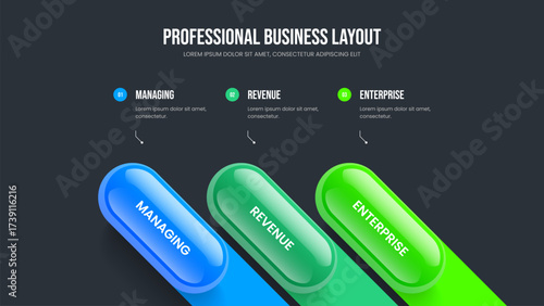 Modern Review Slide Design Vector Illustration. Financial Insight 3 Element Diagram Presentation Template. Marketing Briefing Three Step Infographic Frame Layout.