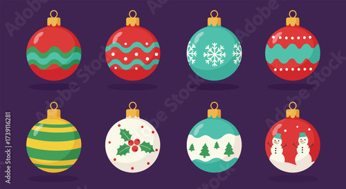 Collection of eight festive Christmas ornaments with various designs.