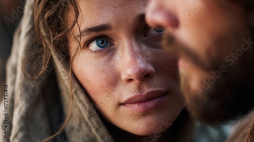 Jesus and the woman at the well, intense eye contact, spiritual connection