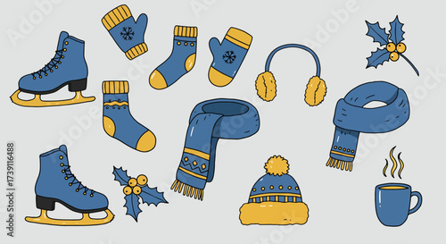 Collection of Winter Clothing and Ice Skating Accessories.