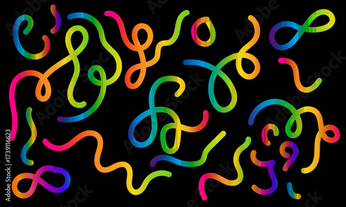 Abstract rainbow colored wavy lines and infinity symbols scattered on a, vibrant and playful design