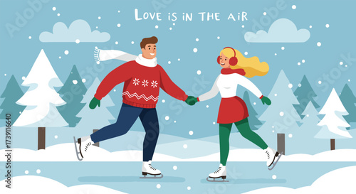 Couple ice skating handinhand in a snowy winter forest.
