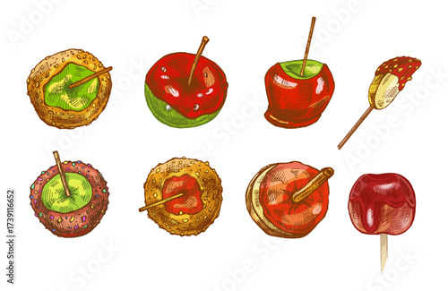 Hand drawn vintage sketch set of caramel apples and candied fruits with sugar glaze and nut topping