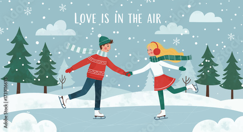 Couple ice skating handinhand amidst a snowy winter landscape with Love is in the Air text.