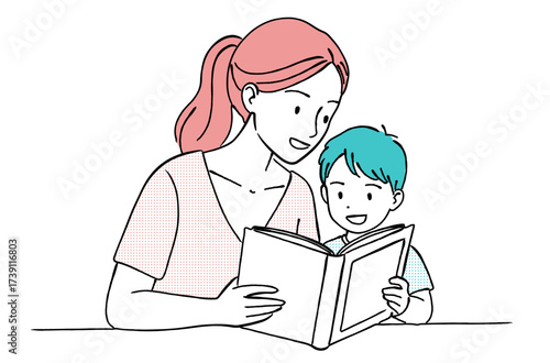 母親が息子に本を読み聞かせする線画イラスト,親子,学習,育児,笑顔