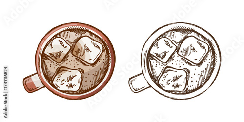 Hand drawn vintage sketch of iced drink in mug with ice cubes, top view, color and monochrome version
