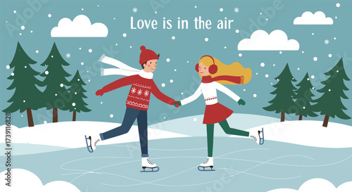 Couple ice skating handinhand in a snowy winter landscape.