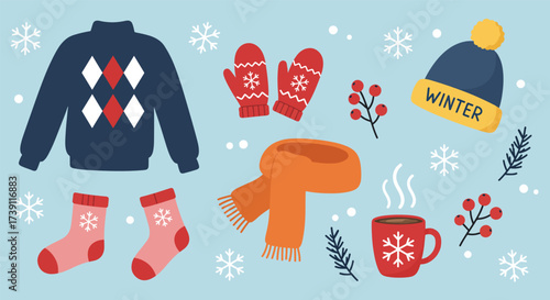 Cozy Winter Clothing and Accessories with Festive Snowflakes.