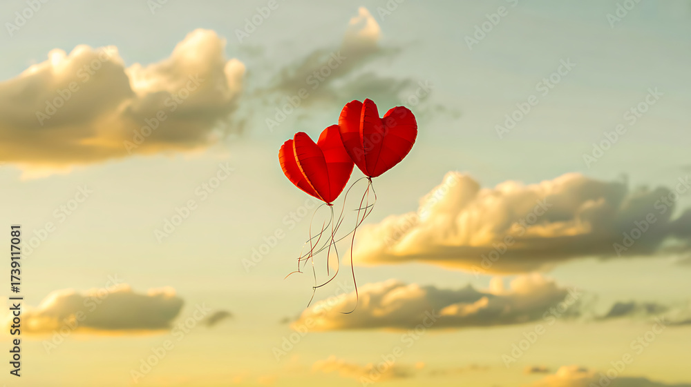 Fototapeta premium Heart balloons float amidst golden clouds, perfect for Valentine's Day greetings and romantic celebrations, evoking love, joy, and heartfelt sentiments