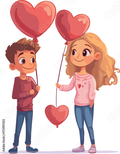 Young couple holding heart shaped balloons celebrating love and romance on valentine s day