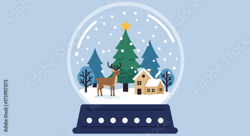 Festive Christmas Snow Globe Scene with Reindeer and Cozy House.