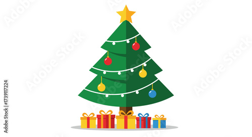 Festive Green Christmas Tree Decorated with Ornaments and Presents.