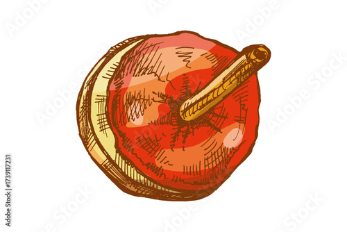 Hand drawn vintage sketch of red caramel toffee apple with glossy glaze on stick, isolated color illustration