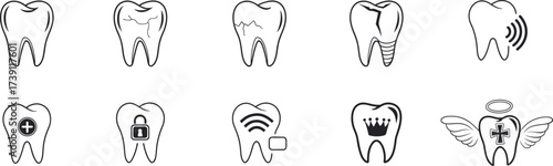 Dental icons set showing healthy tooth, cavity, cracked enamel, medical cross, and toothache expressions. Perfect for dentist clinic branding, logo, and oral care education. Clean minimal vector 