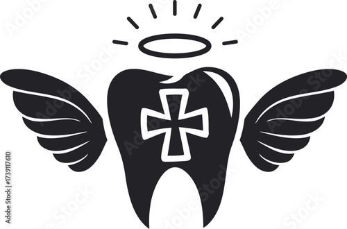 Angel tooth icon with wings, halo, and medical cross symbol. Perfect for dentist clinic logo, oral health branding, or dental care illustration. Modern black vector silhouette design.