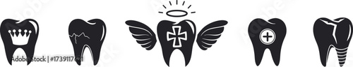 Black dental icons set featuring implant, cracked tooth, medical cross, wings, and crown symbol. Perfect for dentist clinic branding, logo, and oral health education. Modern vector silhouette 