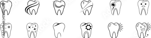 Dental icons set showing healthy tooth, cavity, cracked enamel, medical cross, and toothache expressions. Perfect for dentist clinic branding, logo, and oral care education. Clean minimal vector 