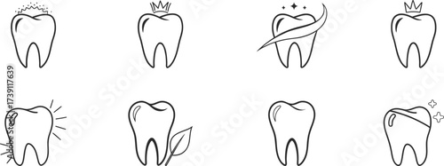 Dental icons set showing healthy tooth, cavity, cracked enamel, medical cross, and toothache expressions. Perfect for dentist clinic branding, logo, and oral care education. Clean minimal vector 