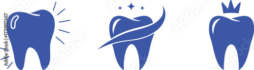 Blue dental icons set featuring healthy tooth, whitening care, and crown symbol. Perfect for dentist logo, clinic branding, and oral health design. Modern clean vector illustrations.