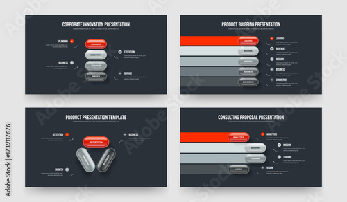 Corporate Insight Four Five Three Element Diagram Frame Template Vector Illustration Collection. Professional Strategy 4 5 3 Step Infographic Slide Design Set.