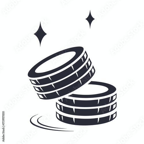 Stack of monochrome coins and shiny stars suggesting money is being accumulated or earned