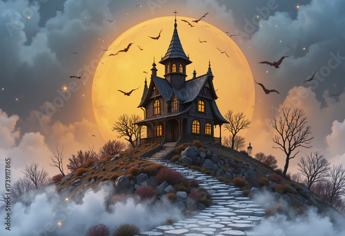 Witch house on the hill. Halloween background for festive design mockup. Moon and stars, glowing, paving stones.