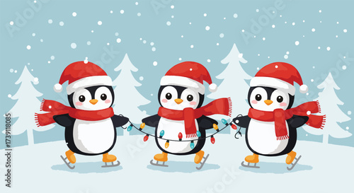 Three cute cartoon penguins wearing Santa hats and scarves ice skating and holding Christmas lights.