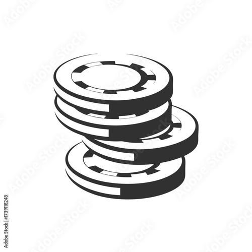 Stacked black and white gambling chips shows a pattern of concentric circles on a white backdrop