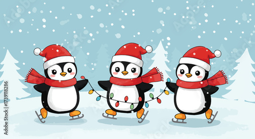 Three cute cartoon penguins wearing Santa hats and scarves ice skating with Christmas lights.