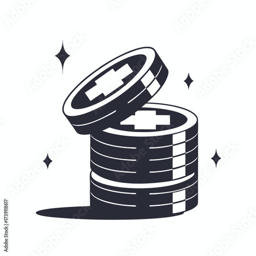Stacked monochrome coins featuring a prominent plus symbol sparkle on a white background
