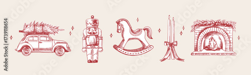 Christmas hand drawn holiday set. Elegant vintage design. Vector sketch illustration.