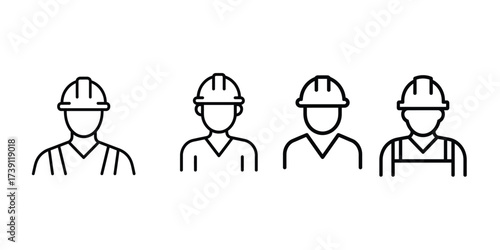 Vector art of construction workers wearing hard hats. Construction line icon 
