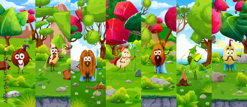 Cartoon nut and bean Halloween mage or wizard characters collage. Whimsical nuts and seeds magicians in a fantasy forest. Food personages wield magical staffs, wear cloaks, and exhibit unique powers