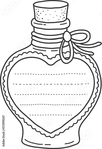 Glass bottle of love potion for kids memo note frame, vector heart message sticker. Kids diary or memo note frame in shape of glass bottle vial for school notebook label, message and to do checklist