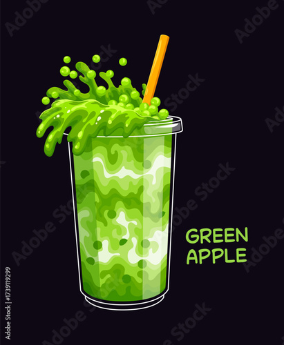 Cartoon milk bubble tea glass with bright splashes of green apple fruit, vector dessert drink. Milk bubble tea cup with drinking straw and splash of apple fruit juice flavor for sweet drink menu