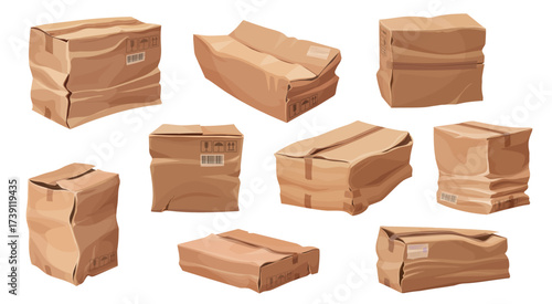 Deformed broken damaged crumpled cardboard box packages, crushed or ripped cargo delivery parcels. Vector set of crushed containers, spoiled soaked packs showing logistics and postal shipping issues