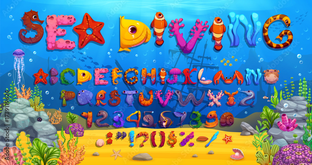 Fototapeta premium Underwater font, cartoon sea animals type, funny ocean characters typeface, English alphabet. Vector playful marine abc featuring ocean creatures and elements forming letters, numbers, and symbols