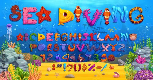 Underwater font, cartoon sea animals type, funny ocean characters typeface, English alphabet. Vector playful marine abc featuring ocean creatures and elements forming letters, numbers, and symbols
