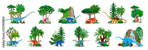 Cartoon prehistoric dinosaurs and jurassic reptiles. Vector dino animal characters with ancient forest trees and waterfall. Funny ampelosaurus, haplocanthosaurus, dryosaurus and anchisaurus dinosaurs