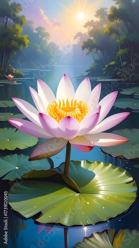 Painting of lotus blossom floating on a pond, sunlight beaming