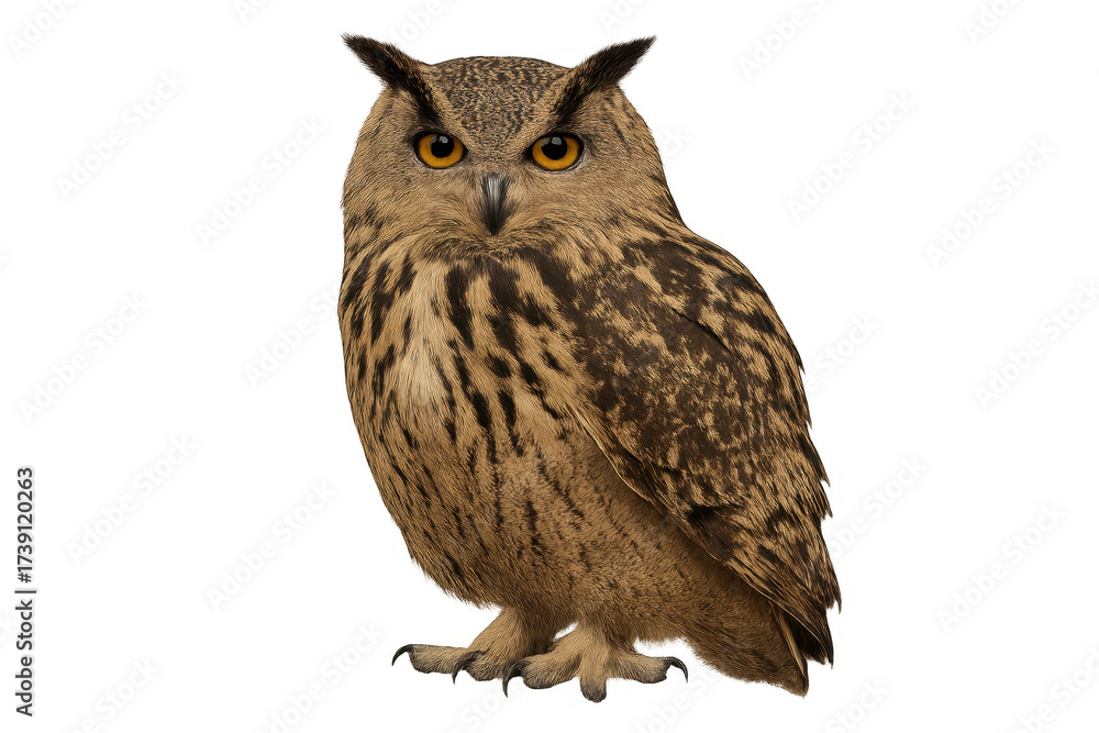 Naklejka premium Eurasian eagle owl standing with orange eyes, transparent background