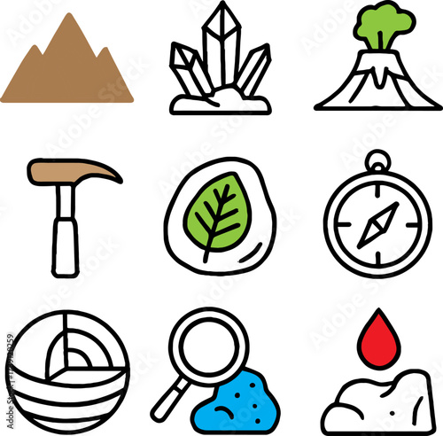 Geology icon set mountain volcano crystals hammer compass earth layers magnifying glass stone