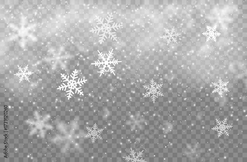 Snowfall overlay realistic snowflakes and glowing particles, Christmas snow background with falling flakes. Realistic winter overlay Xmas backdrop. Vector isolated ice crystals descend from sky
