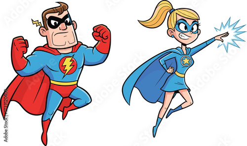 Cartoon superhero man in red cape, superhero woman with blue costume, powerful comic characters, fantasy heroes, action adventure illustration