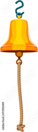 Cartoon golden ship bell with a rope pull and hook, Caribbean pirate or corsair game icon, nautical ui element, symbolizing alerts, calls, or actions aboard ship. Naval maritime bell item for ringing