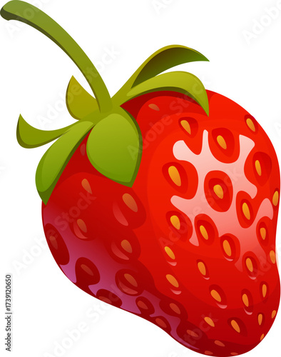 Cartoon ripe strawberry berry with vibrant red color, juicy texture, and tiny yellow seeds. Vector fresh summer fruit with green leafy top and natural shine. Sweet and organic healthy food, or dessert