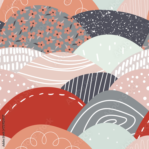Seamless floral pattern based on traditional folk art ornaments. Colorful flowers on color background. Scandinavian style. Sweden nordic style. Vector illustration. Simple minimalistic pattern.
