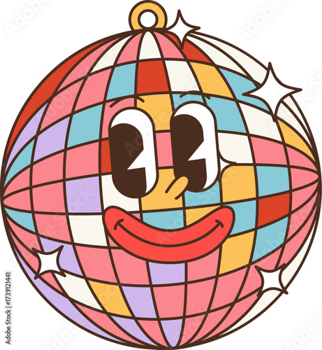 Cartoon groovy Christmas retro disco ball mascot. Holiday happy face, rainbow colored mirrored tiles and shining spark stars for funky Christmas party. Vector festive globe personage with color facets