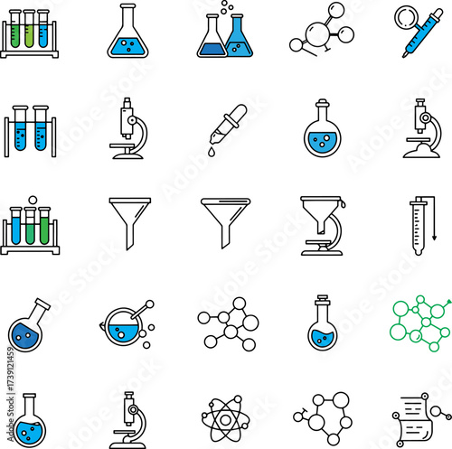 Collection of science and laboratory icons featuring beakers flasks microscopes and molecules