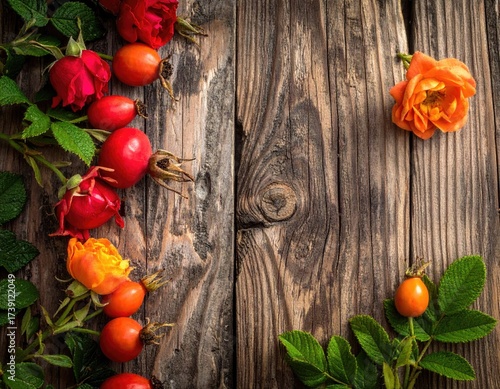 Roses and rosehips on aged wood panel